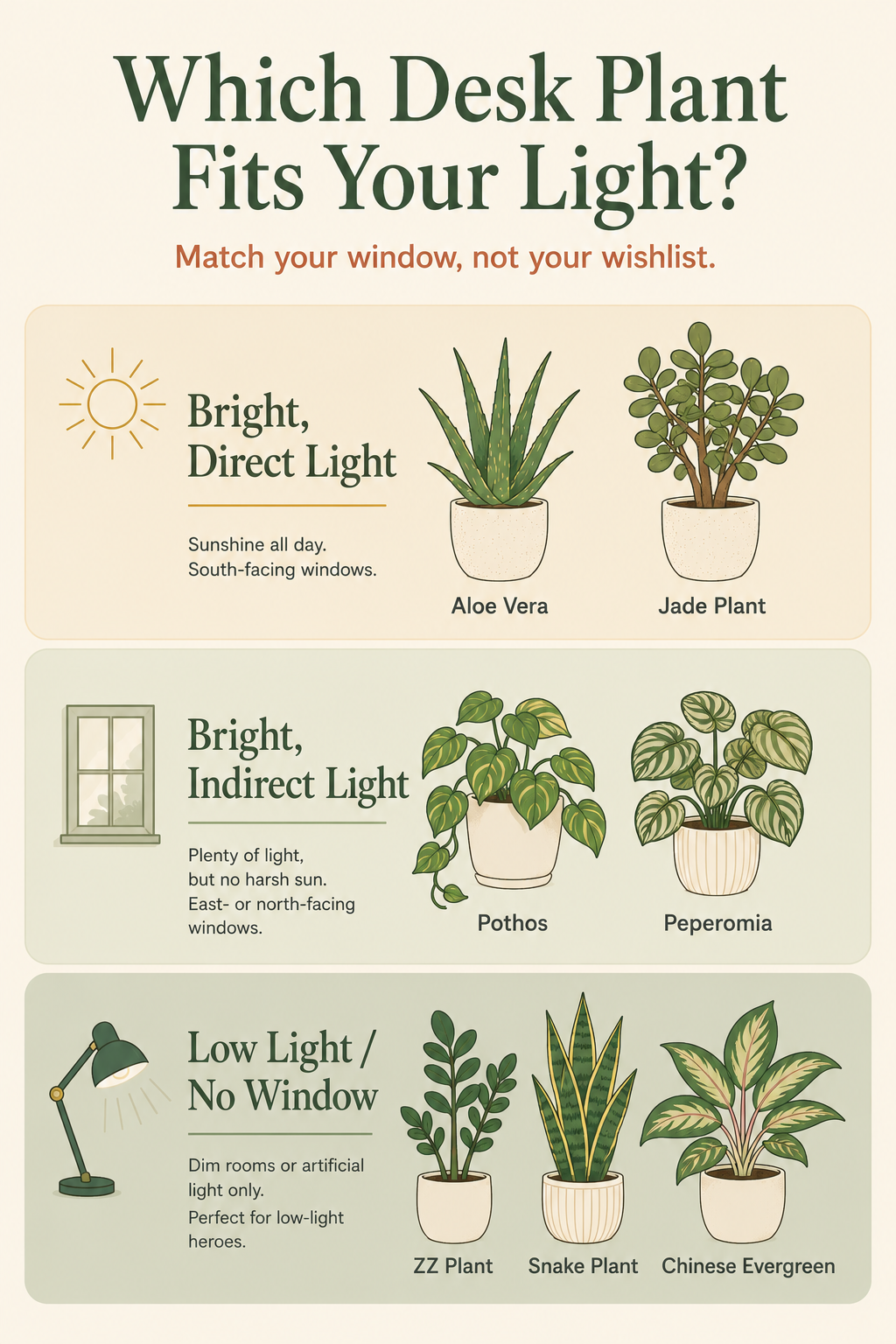 Which Desk Plant Fits Your Light infographic